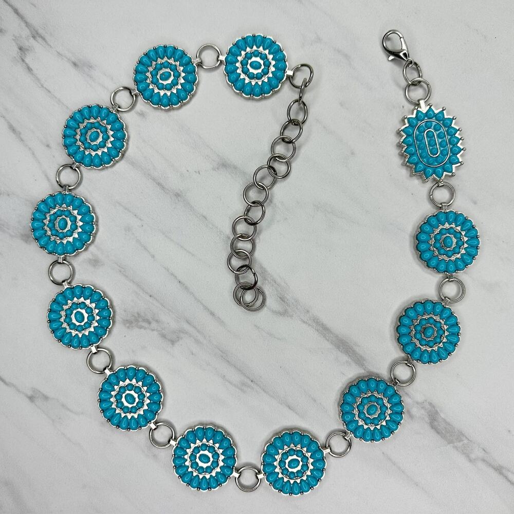 Chunky Blue Studded Concho Silver Chain Belt XS/Small (XS/S) Western Statement ✨